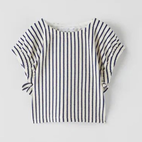 Zara Girls Navy and White Striped Bow Detail Top Sz 8 - Picture 1 of 5